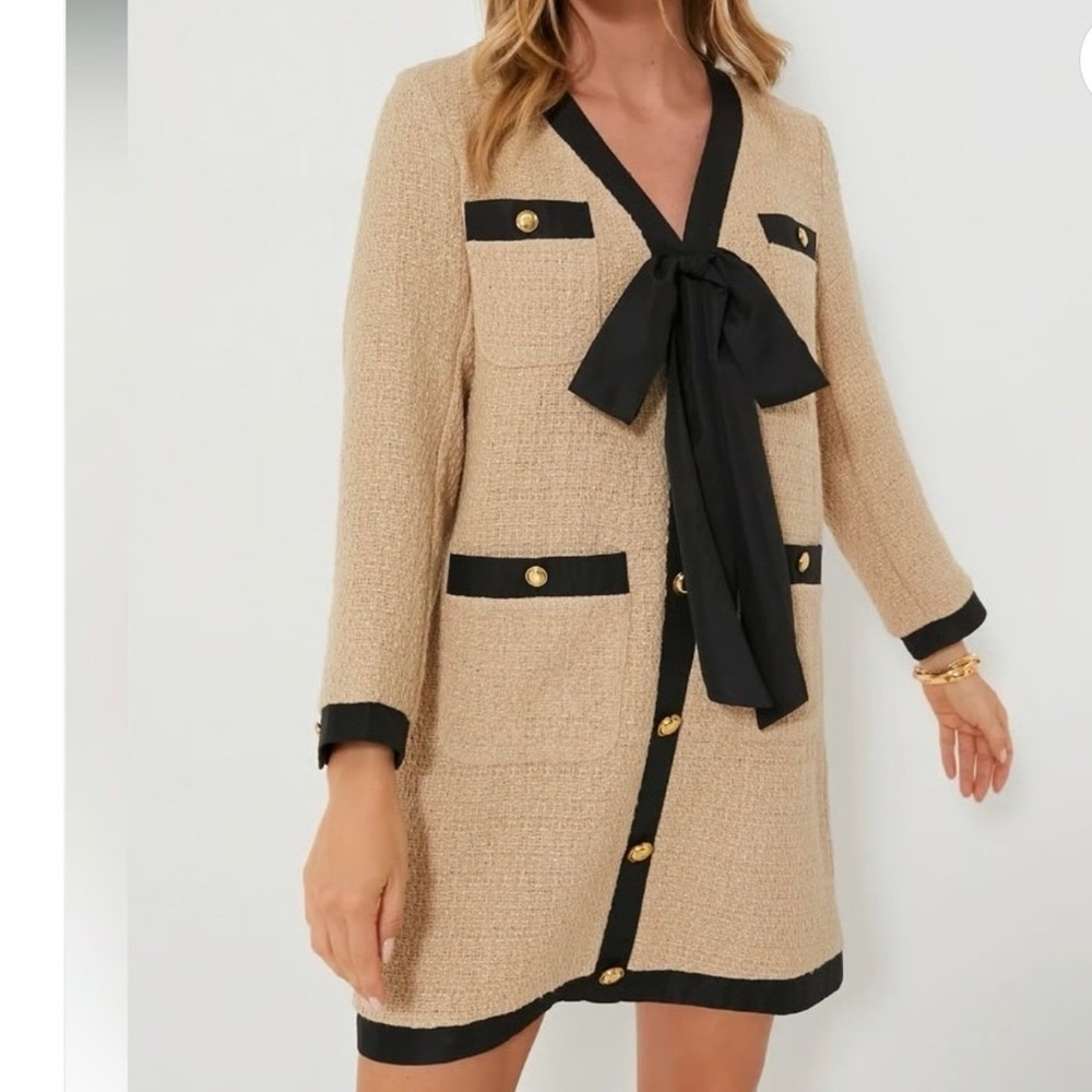 NWT Pomander Place Coco Camel Tan Black Tweed Bow Shift Dress Gold Button Medium